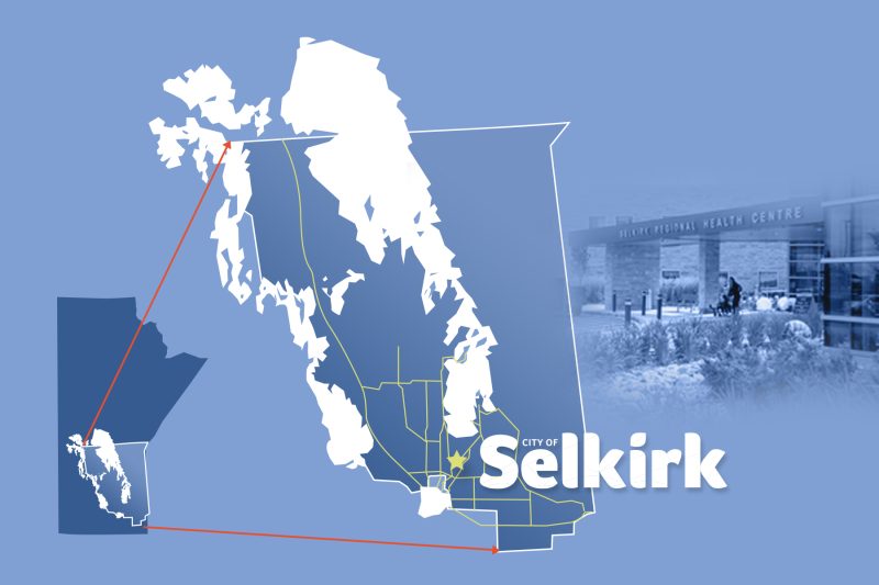 Province of Manitoba map showing where Selkirk is located; an enlarged portion of Manitoba with a star showing exactly where Selkirk is