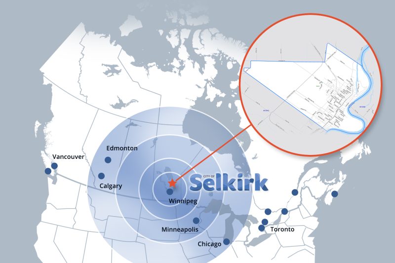 Map of Canada showing some Capital Cities; red star showing where Selkirk is with a blown up bubble showing a small map of Selkirk