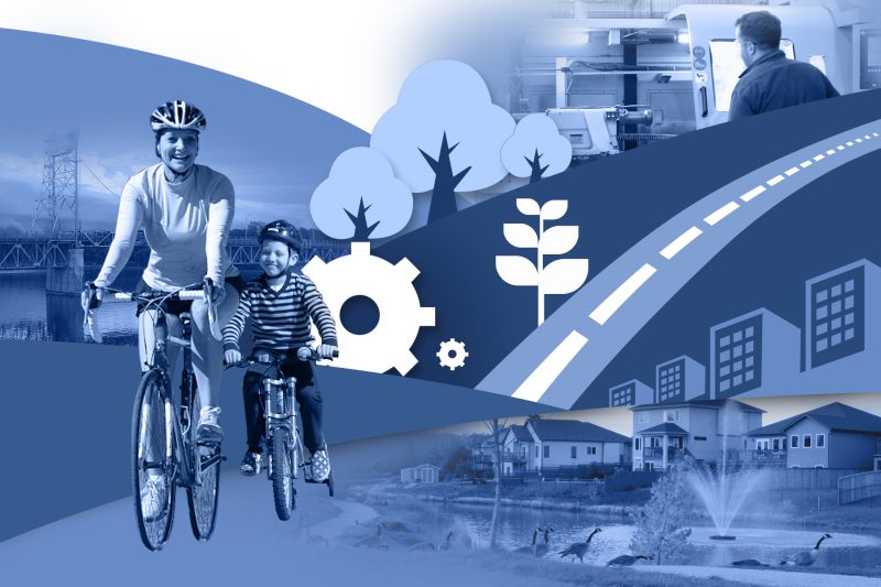 multiple images in one picture, which are: mother and child biking, Selkirk bridge, residential area with a fountain and man working in a manufacturing plant