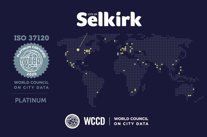 map of the world with the following text: City of Selkirk, ISO 37120 Platinum Certified WCCD 2020 World Council on City Data Platinum
