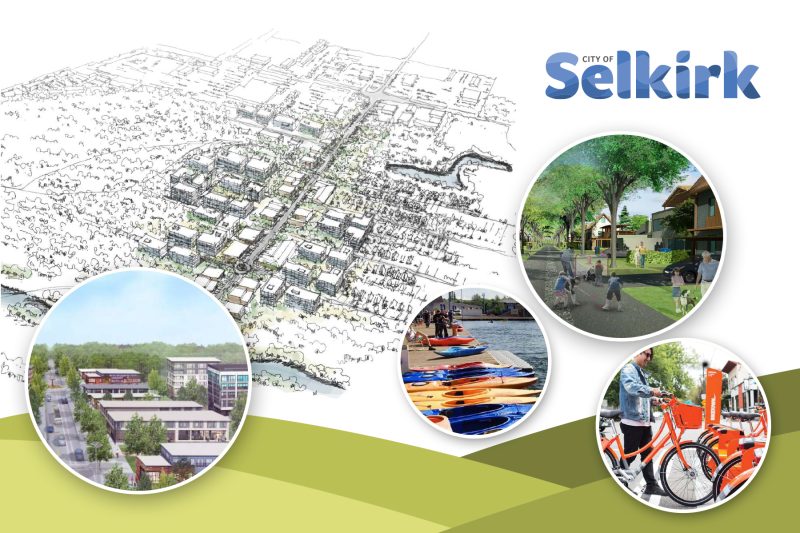 overview shot of Selkirk with 4 bubble pictures: commercial buildings, kayaks and waterfront, residential with people outside playing, person parking their bike