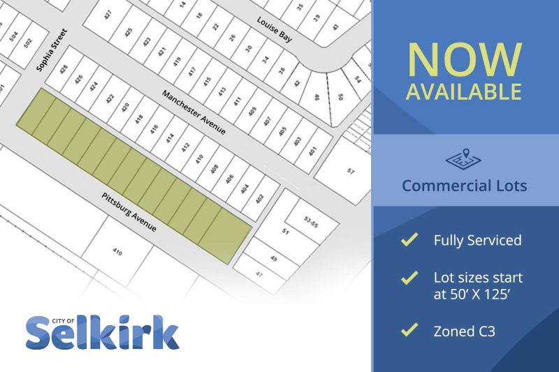 map showing part of the following streets: Sophia St, Manchester Ave, Pittsburg Ave and Louise Bay. Text stating "Now Available Commercial Lots, Fully Serviced, Lot sizes start at 50' x 125', Zoned C3"