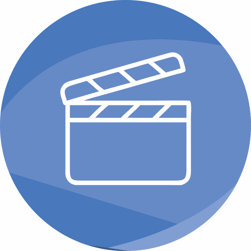 Blue circle with film icon representing the Film and Digital Media Industry in Selkirk.