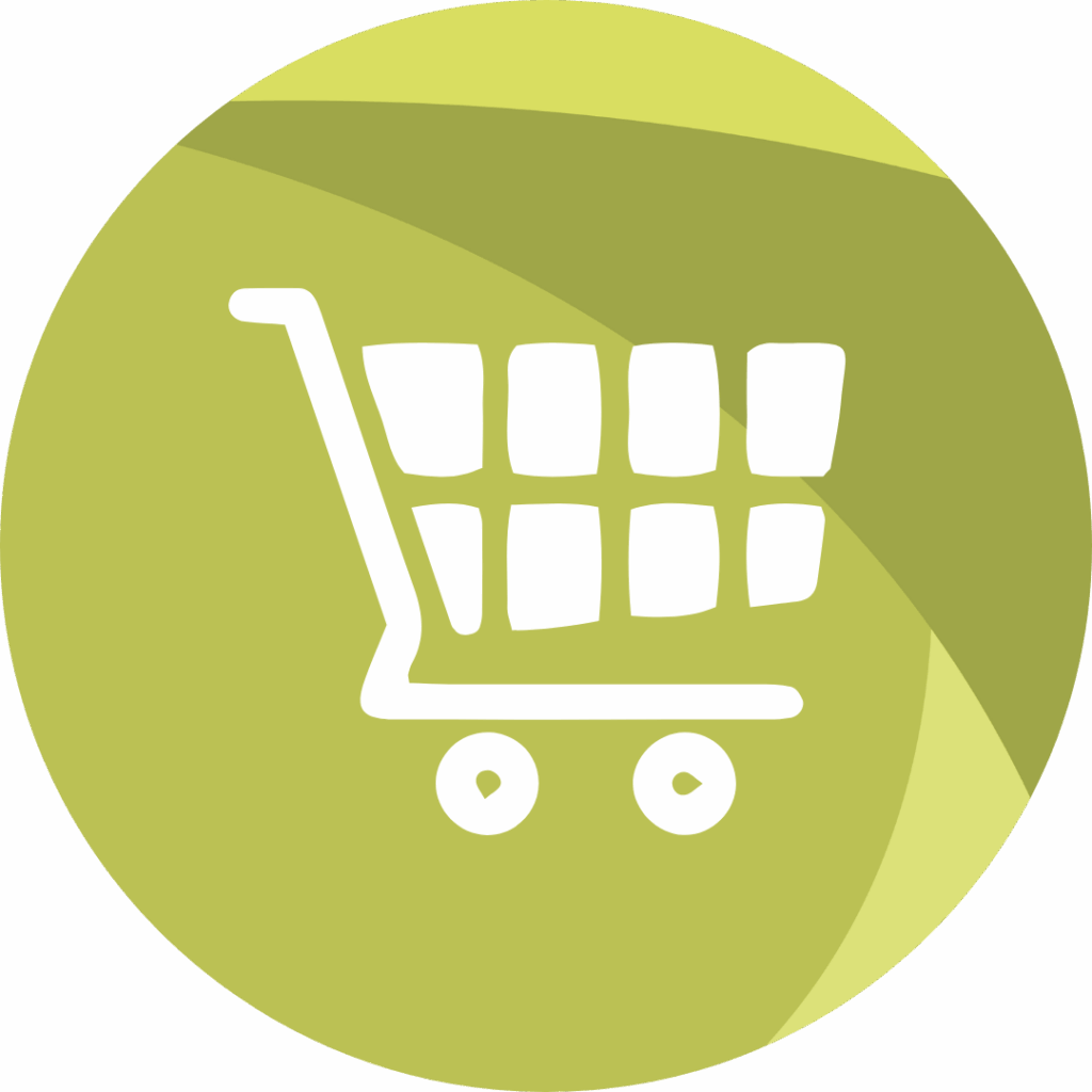 Green circle with a shopping cart representing the Consumer Retail and Service industry in Selkirk.