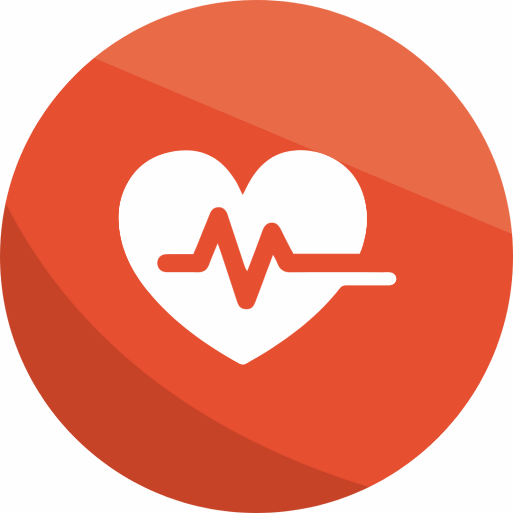 Red circle with a heart and EKG heartbeat line to represent the Healthcare industry in Selkirk.