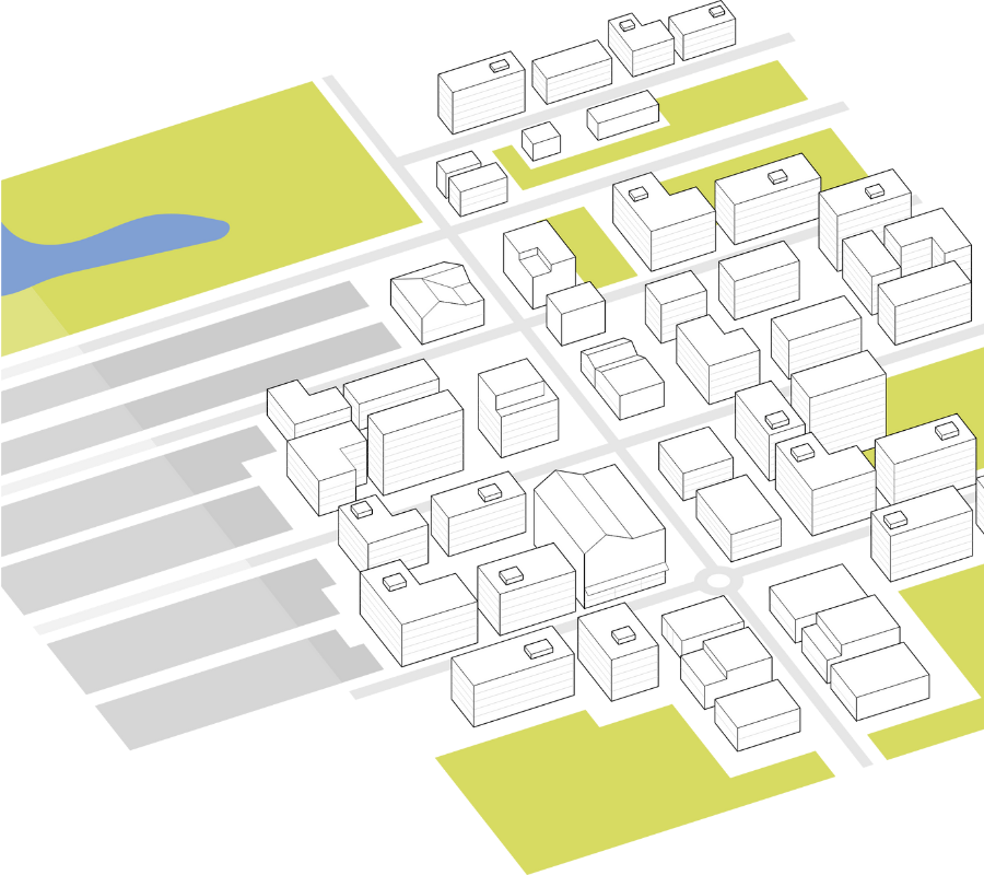 A mock up of Selkirk's West End Concept Plan development, showing sketched buildings with green space.