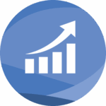 Blue circular icon featuring a bar graph with an ascending arrow, symbolizing growth.