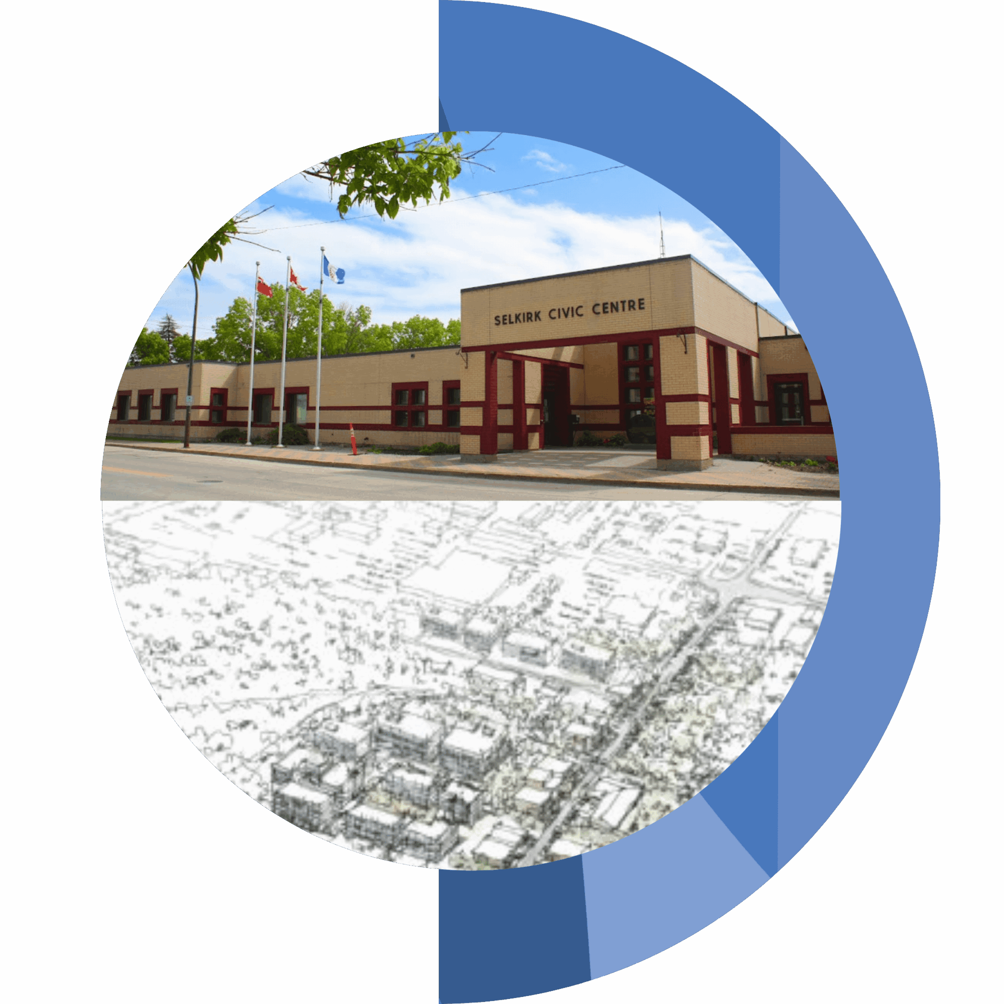 Circular icon with a photo of Selkirk's Civic Office in the top half, and a sketch of a development area in the bottom half, with a blue border around the right side of the circle.