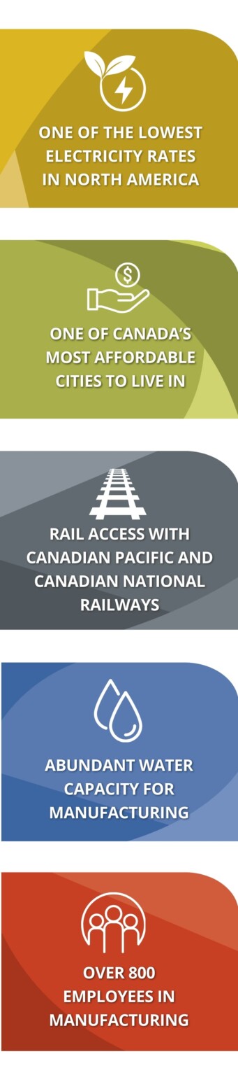 Competitive advantages for Selkirk. 1. One of the lowest electricity rates in North America. 2. One of Canada's most affordable cities to live in. 3. Rail access with Canadian Pacific and Canadian National Railways. 4. Abundant water capacity for manufacturing. 5. Over 800 employees in manufacturing. Displayed in curved boxes of various colours (yellow, green, grey, blue, and red). Displayed vertically.