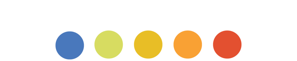 Five coloured circles in blue, green, yellow, orange, and red, lined up in a horizontal line.