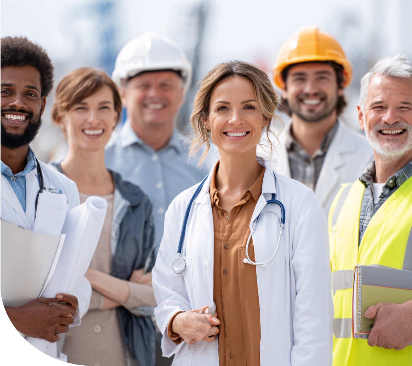 A photograph showcasing a diverse group of smiling professionals from various fields of work.